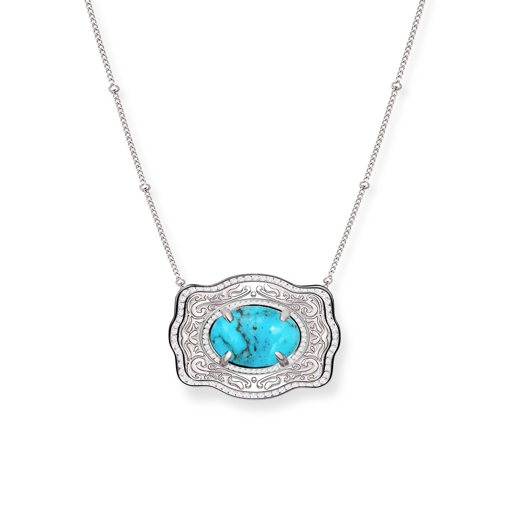 SpurWest Belt Buckle Necklace (Oasis) - Beaded Chain - Silver