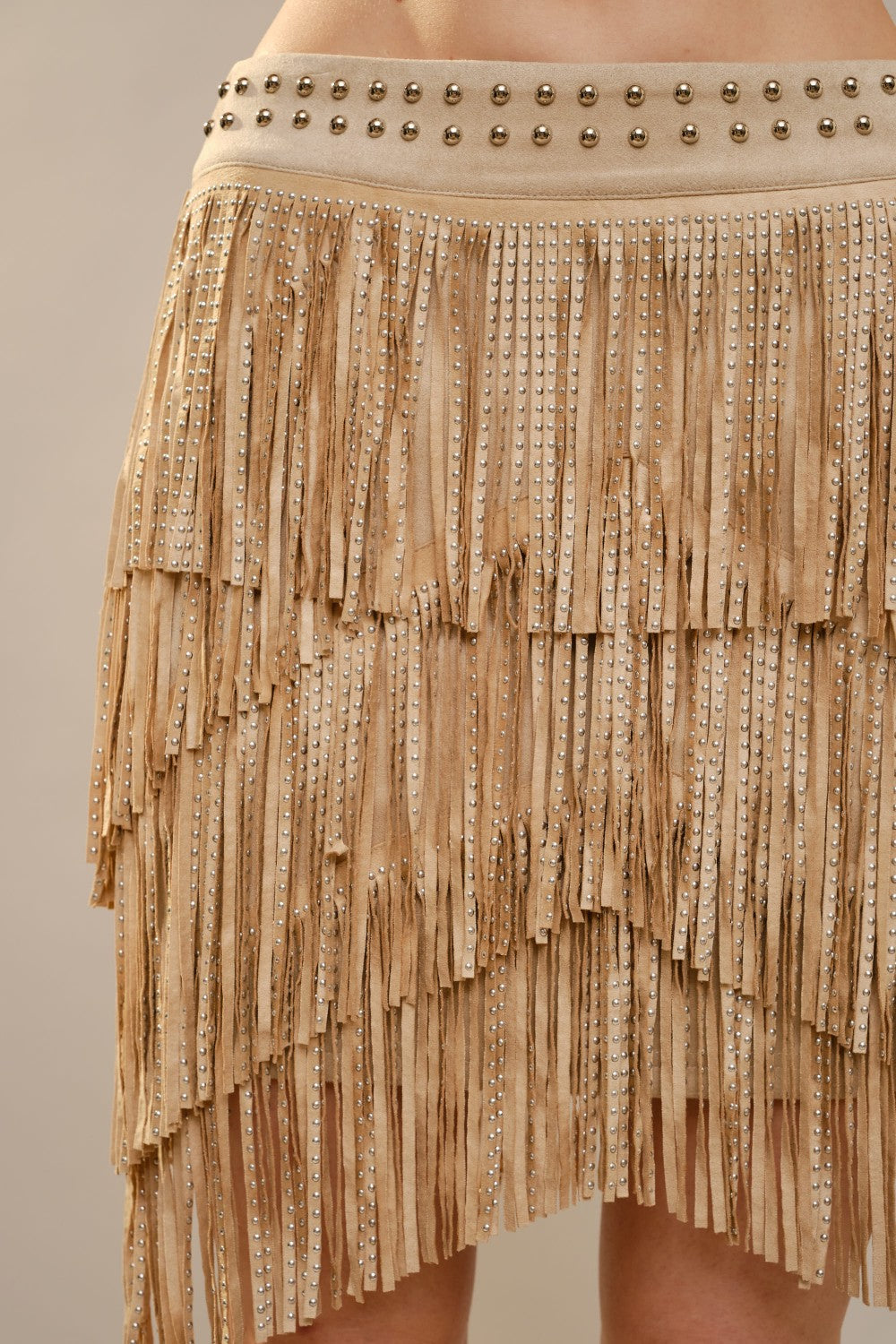 Metal Studs Layered Fringe Skirt