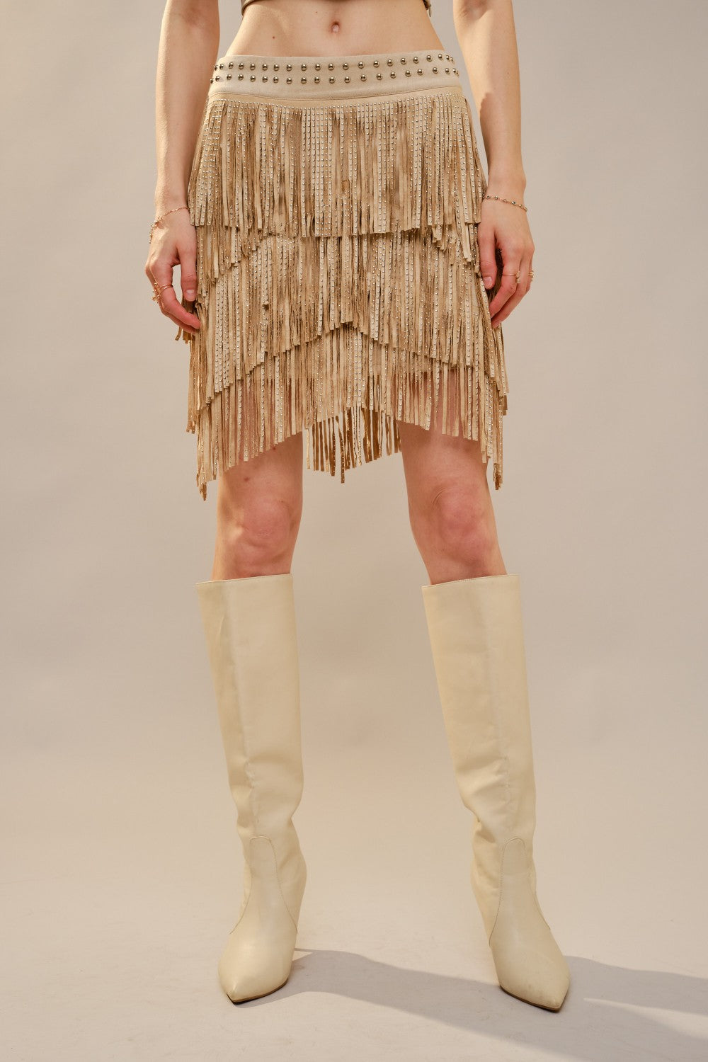 Metal Studs Layered Fringe Skirt