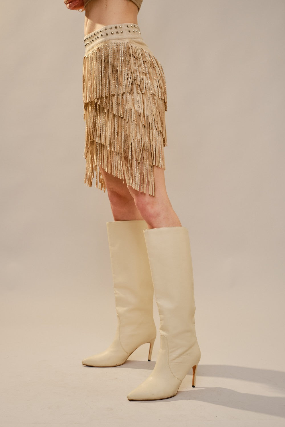 Metal Studs Layered Fringe Skirt