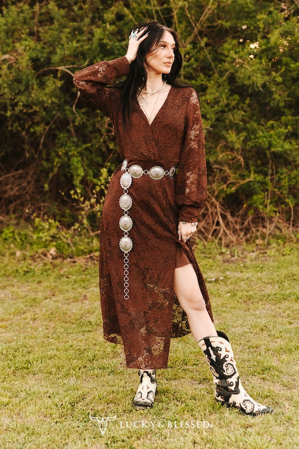 Brown Western Lace Long Sleeve Midi Dress
