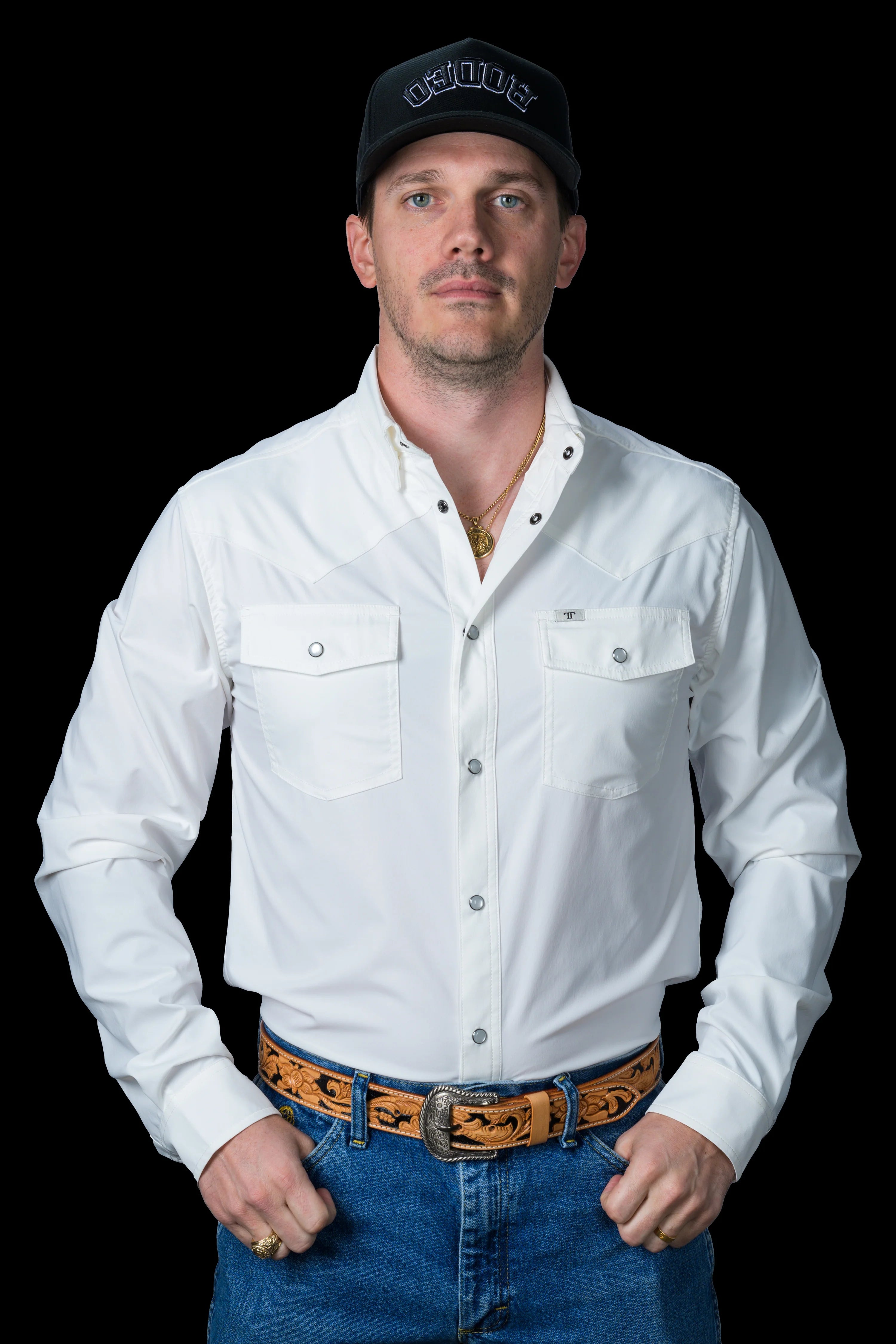 White Long Sleeve Pearl Snap Shirt by Ferrell