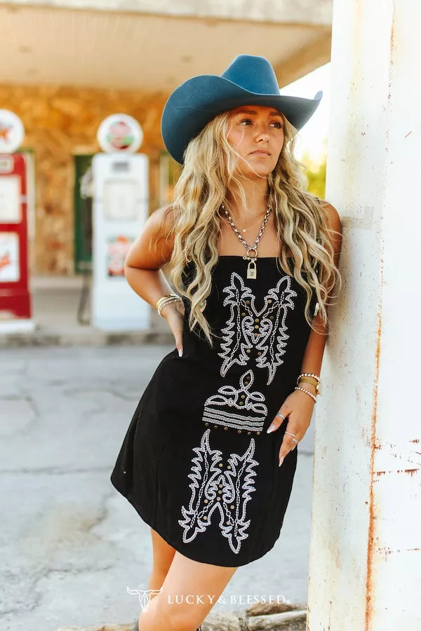 Black Buckle Strap Embroidered Western Dress