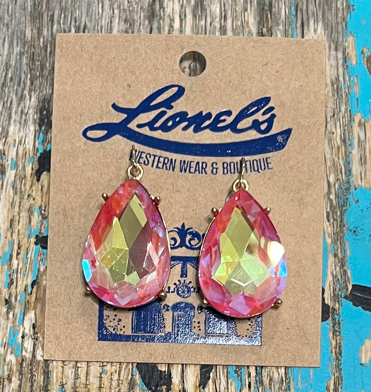 Coral on Gold Faceted Teardrop Crystal Earrings