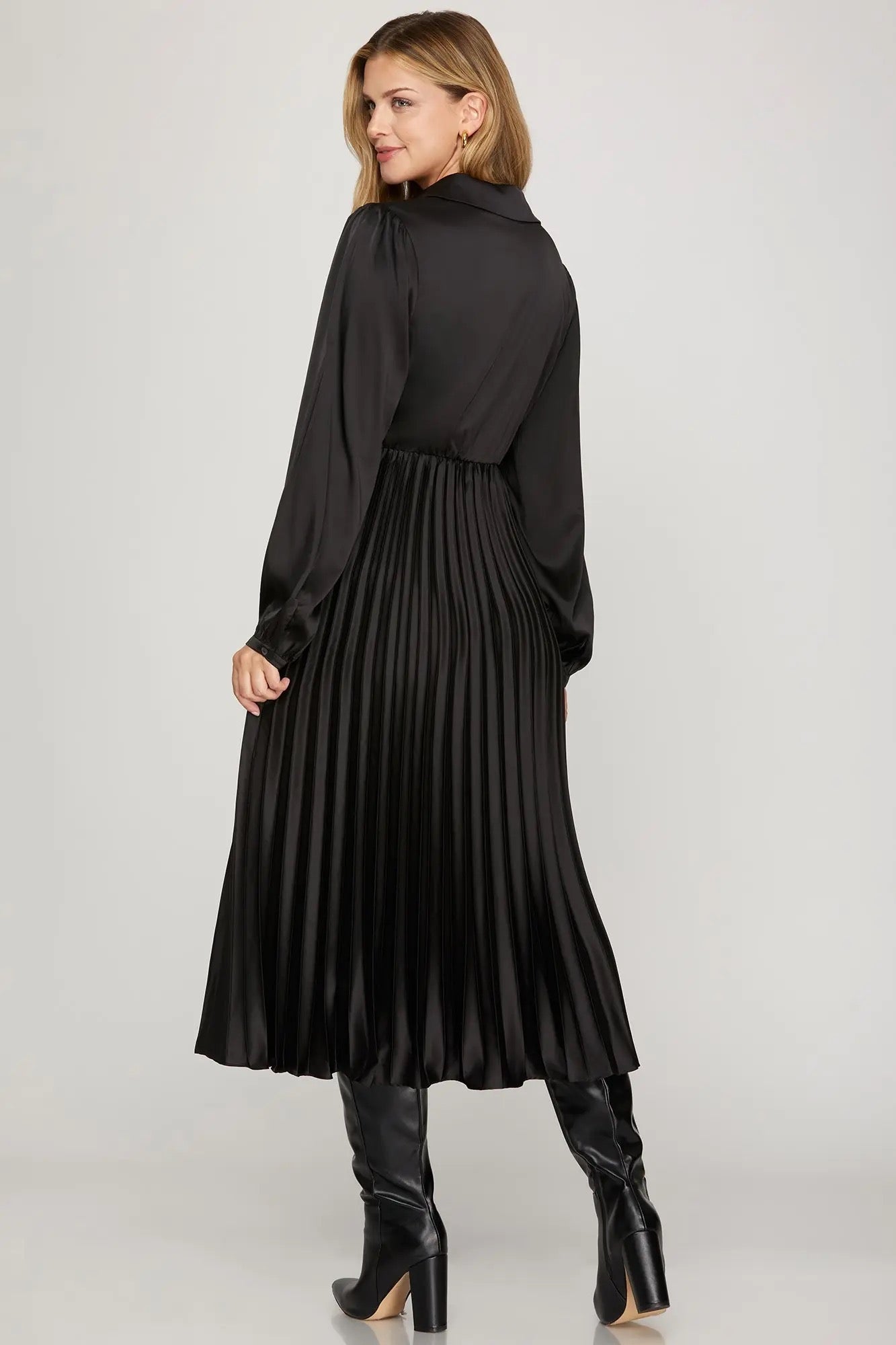 Black Long Sleeve Satin Pleated Midi Dress