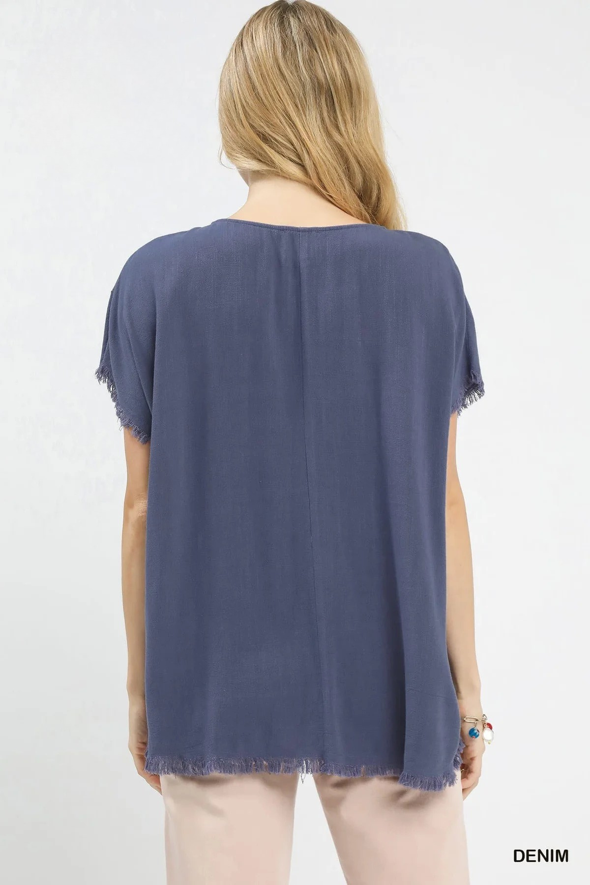 Denim Blue Linen Blend Embroidered Frayed Hem Top