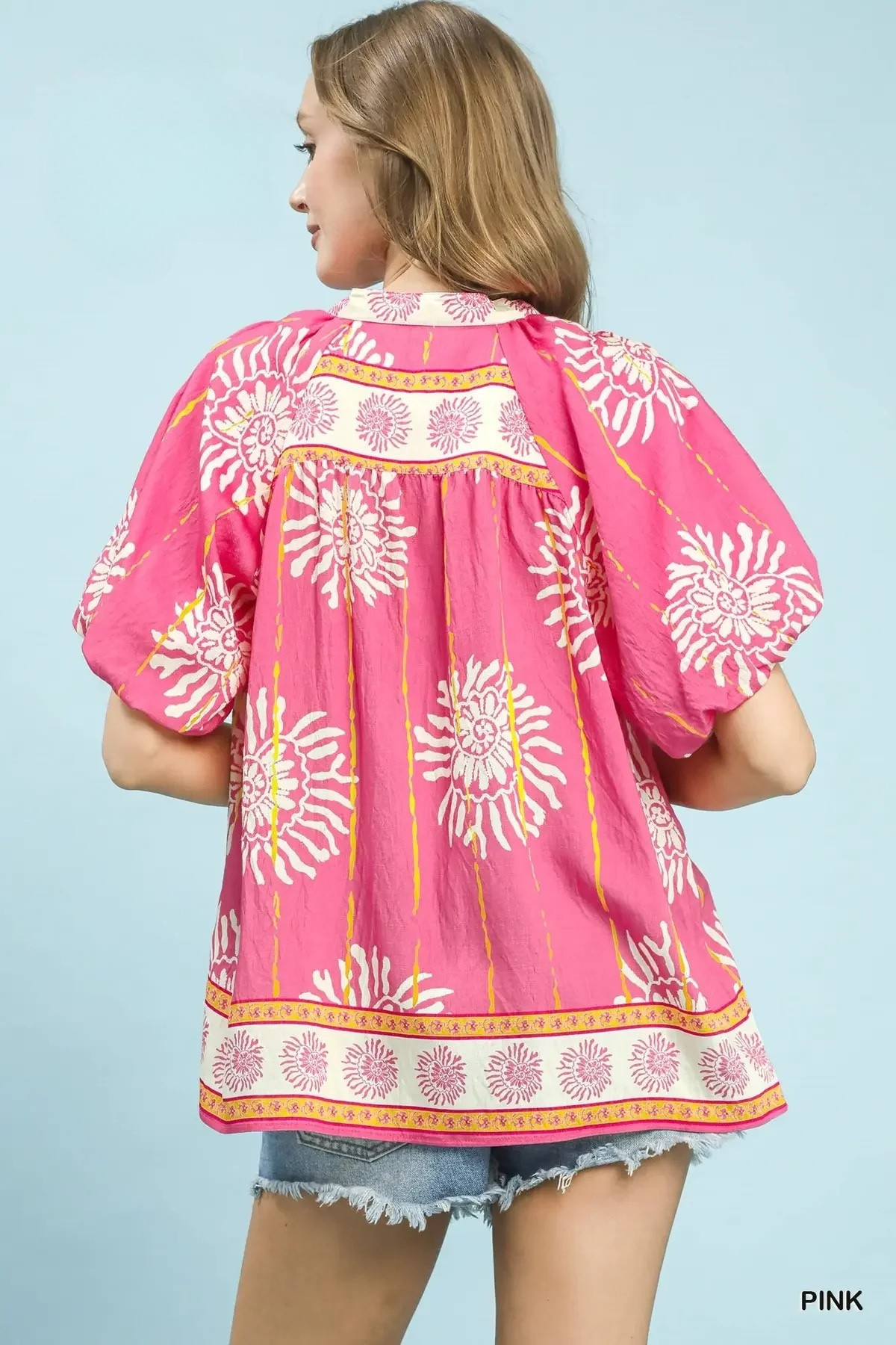 Bright Pink Floral Smocked V-Neck Blouse