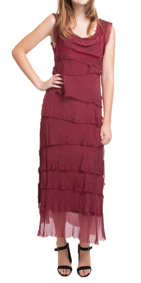Washable Silk Sleeveless Ankle Length Ruffle Dress