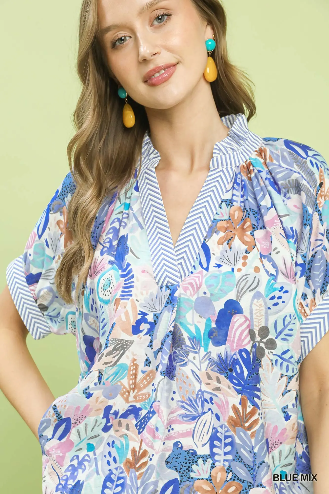 Blue Mix Floral Print Short Sleeve Top