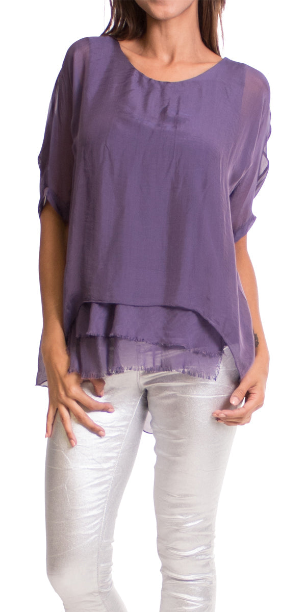 Washable Silk Top w/ Frayed Hem/Purple