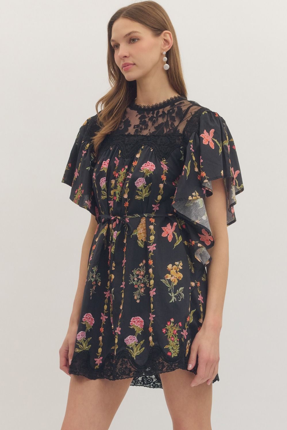 Black Floral Lace Yoke Flutter Sleeve Mini Dress