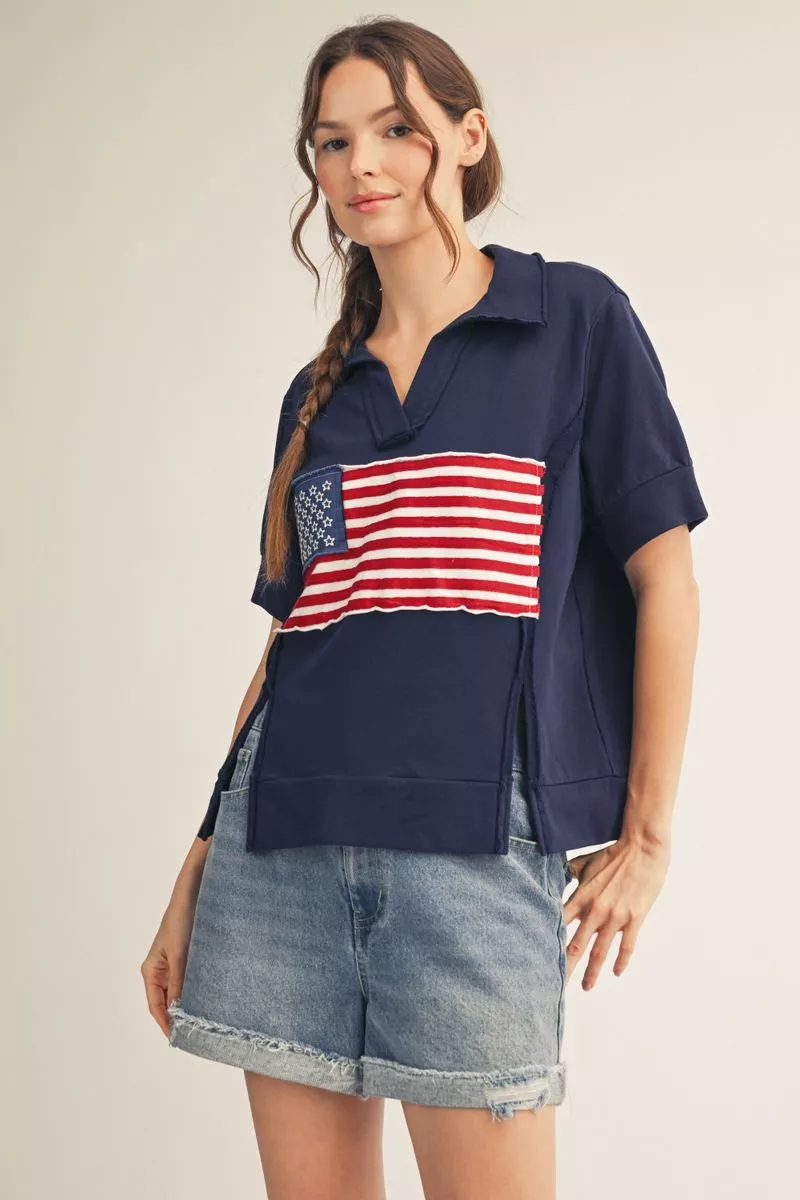 Navy Blue Americana Flag Patch Collared Top