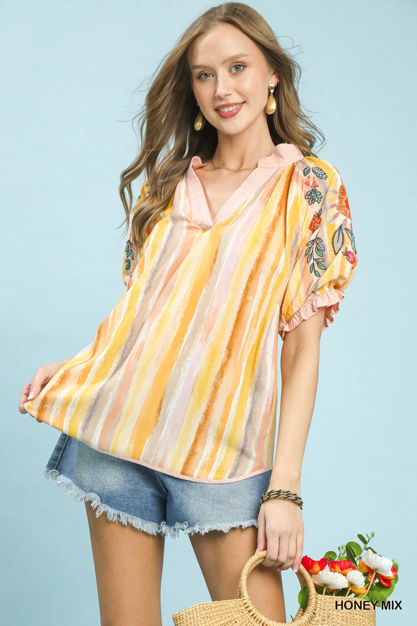 Honey Mix Embroidered Puff Sleeve Striped V-Neck Boho Blouse