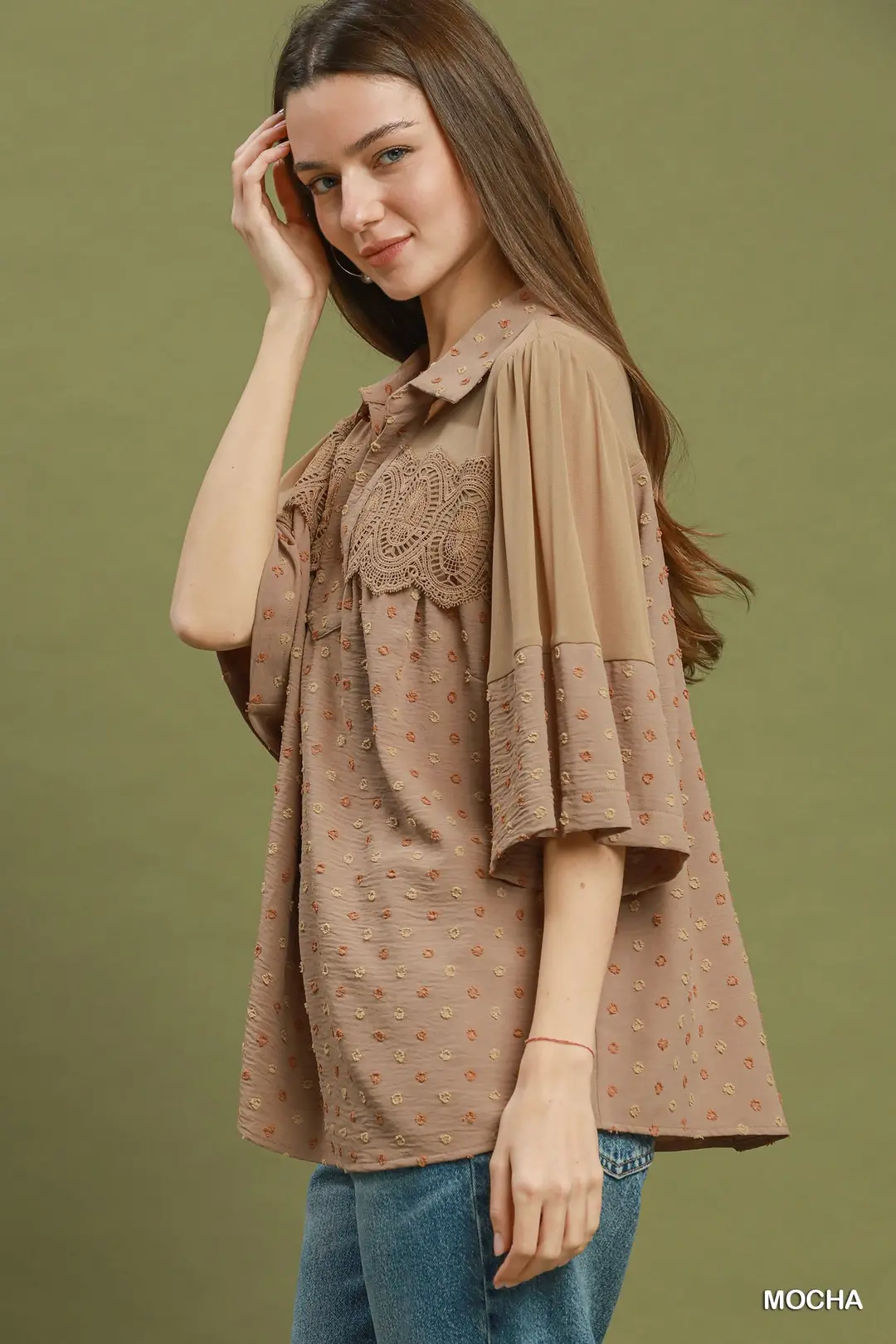 Mocha Lace Yoke Blouse