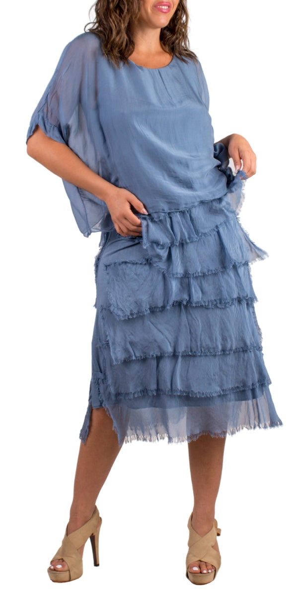 Denim Blue Silk Scoop Neck Maxi Ruffle Dress