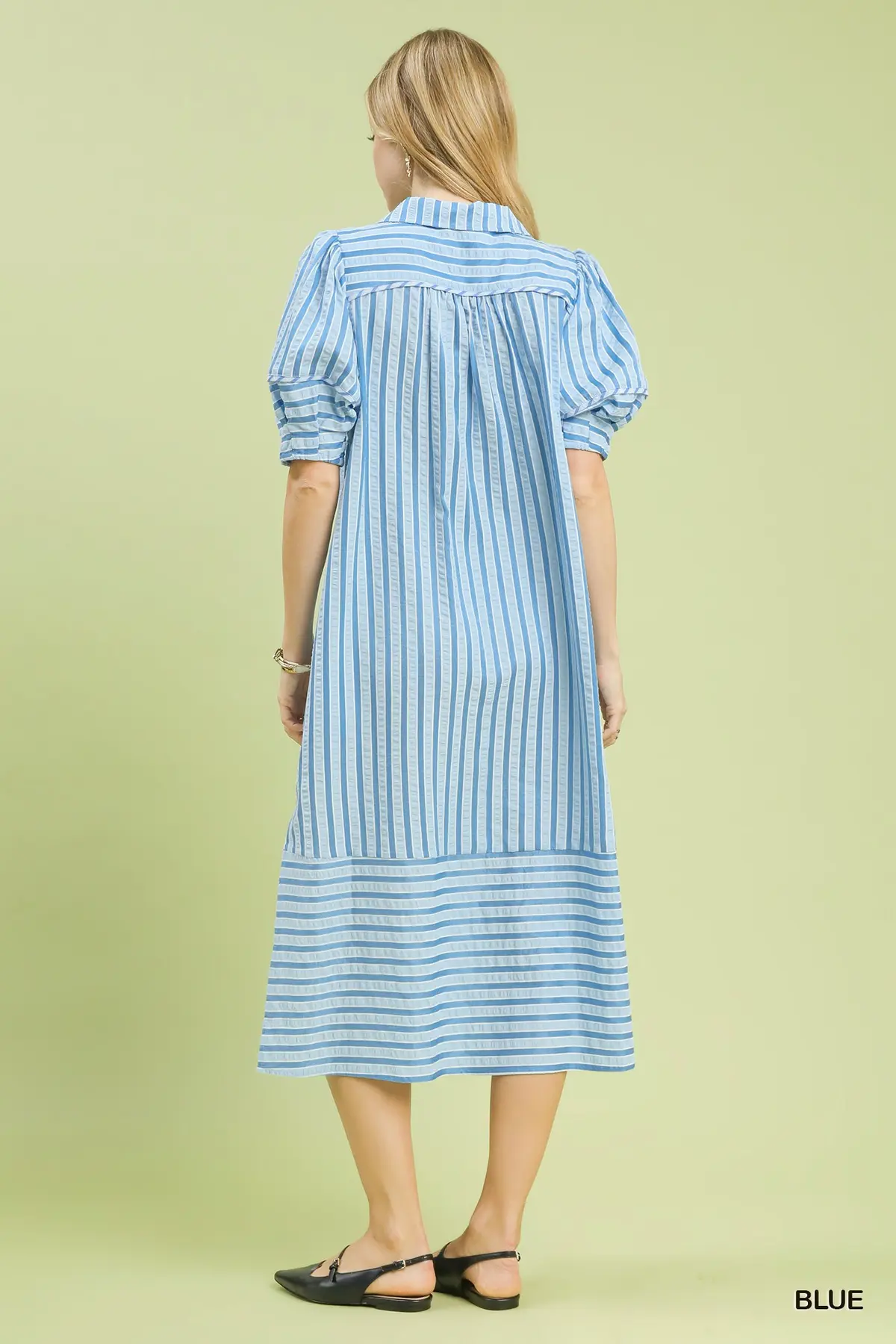 Blue Striped Puff Sleeve Midi Dress