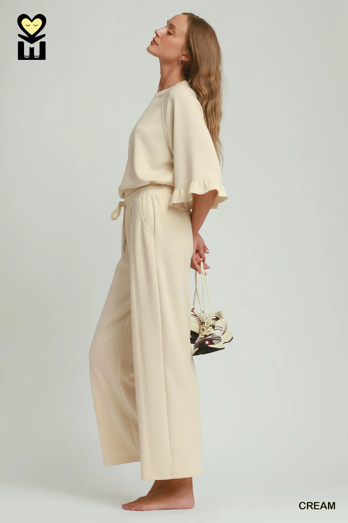 Cream LuxeKnit Ruffle Sleeve Top & Wide Leg Pants Set