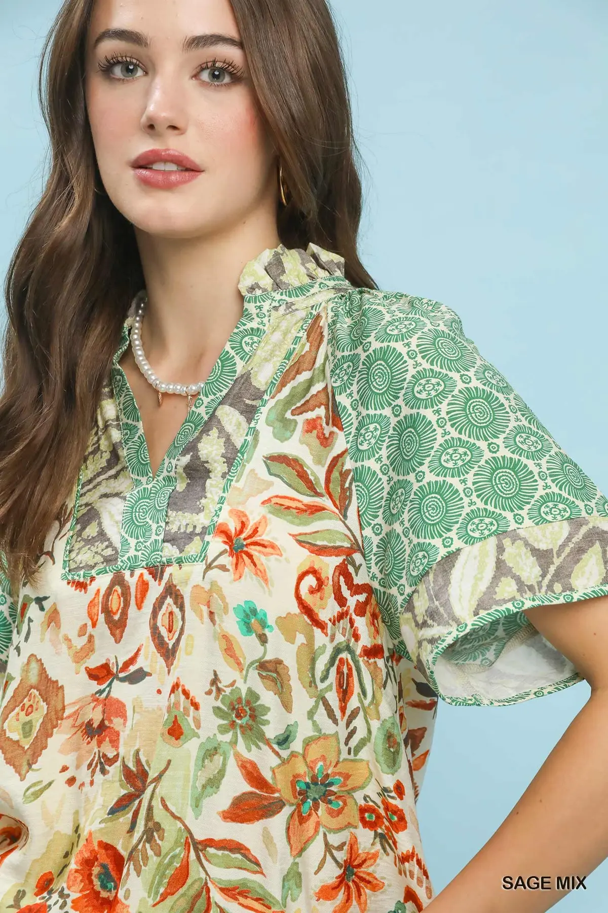 Sage Mixed Print V-Neck Short Sleeve Top
