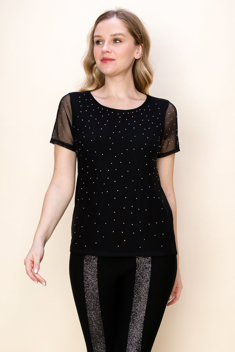 Embellished Black Short Sleeve Top w/ Mesh Sleeves