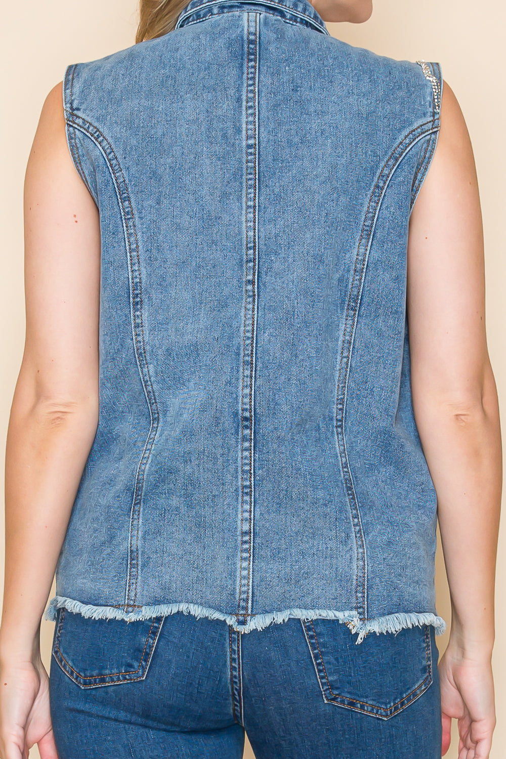 Studded Rhinestone Fringe Denim Vest