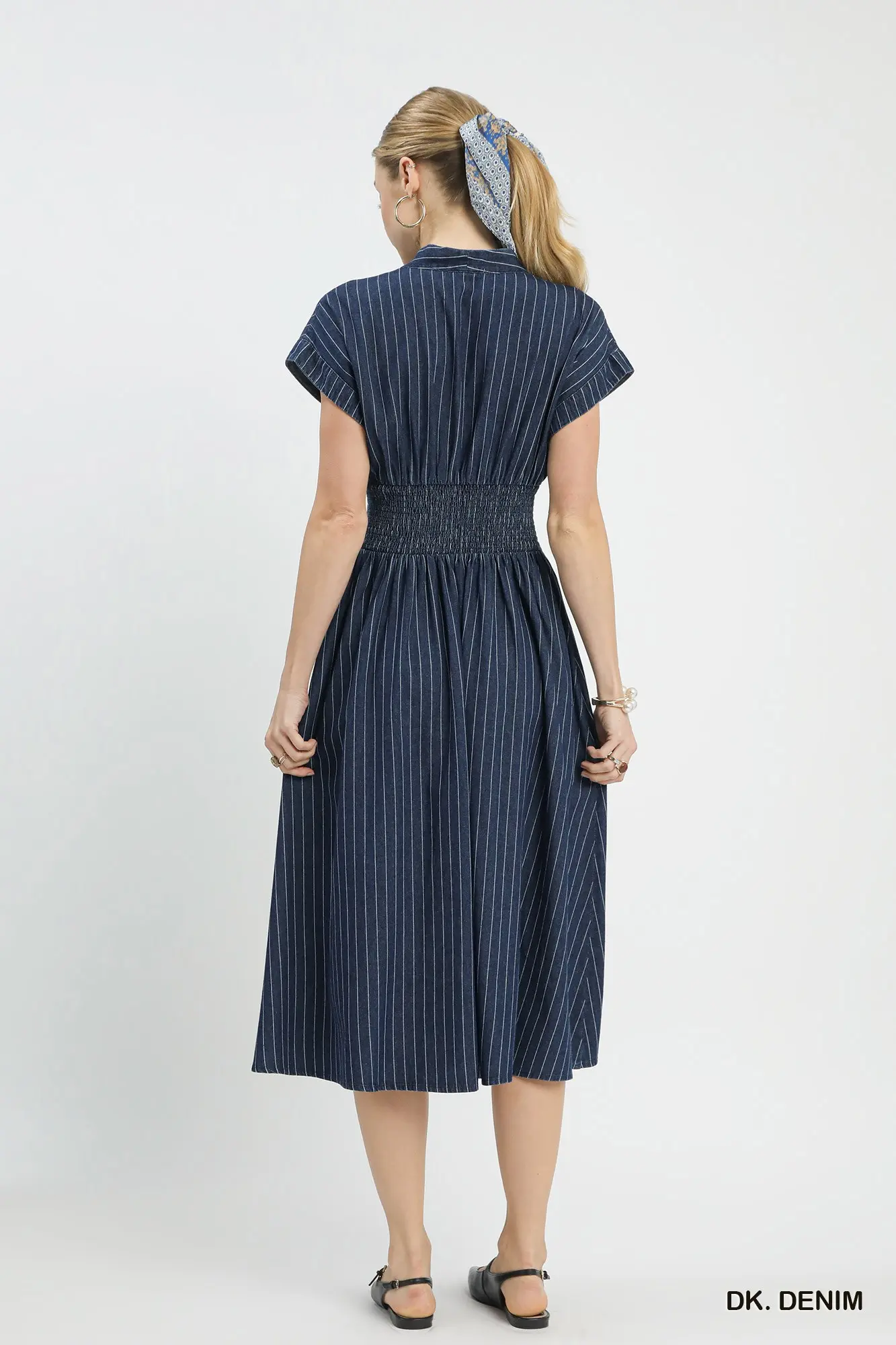 Dark Denim Pinstripe Button-Front Midi Dress