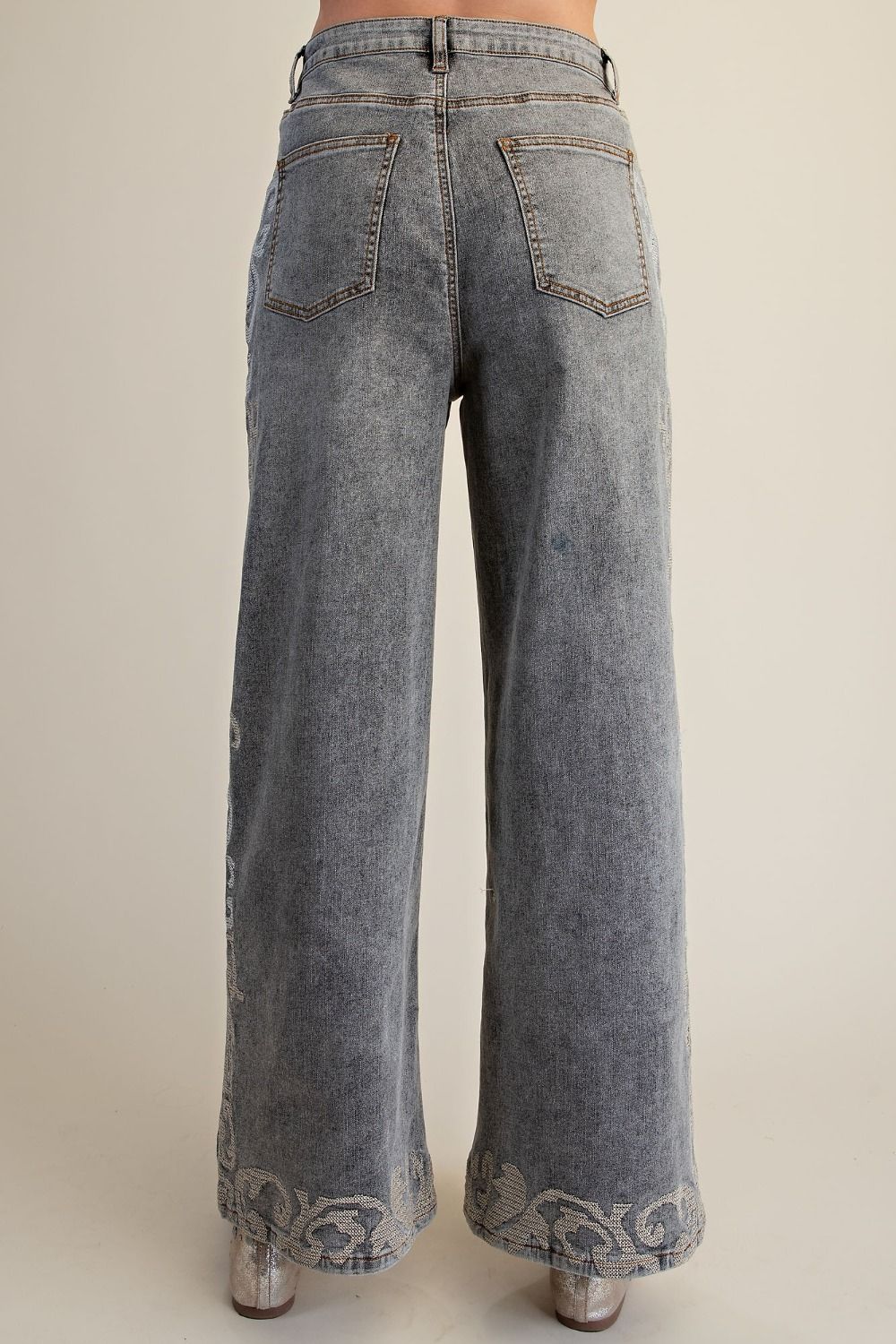 Ash Grey Neutral Floral Embroidered Wide Leg Jeans