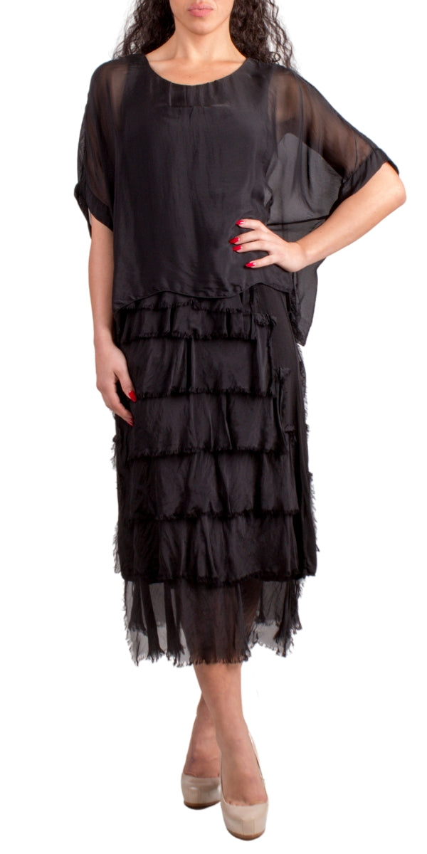 Black Silk Scoop Neck Maxi Ruffle Dress