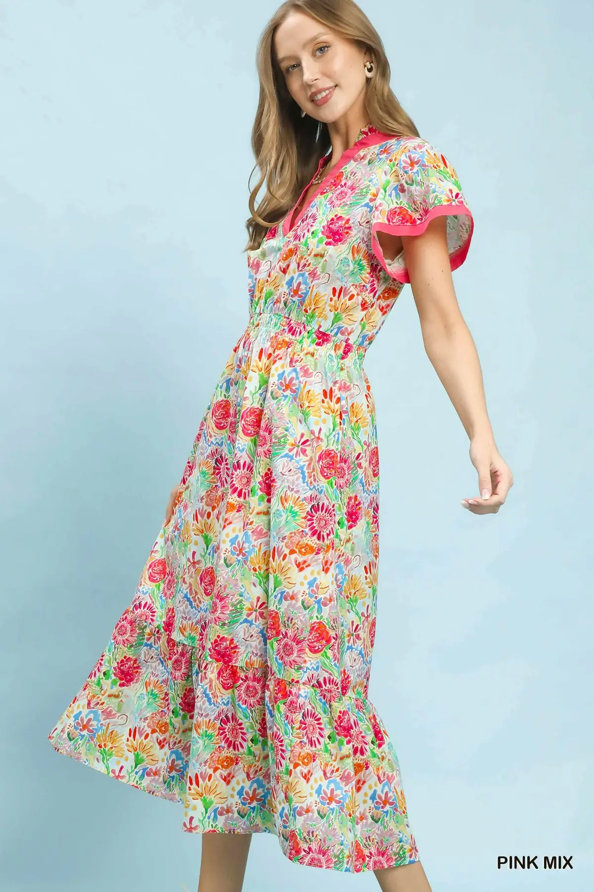 Pink Mix Abstract Print Contrast Trim Midi Dress