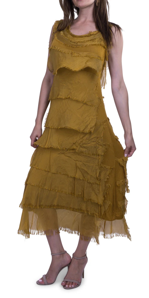 Washable Silk Sleeveless Ankle Length Ruffle Dress