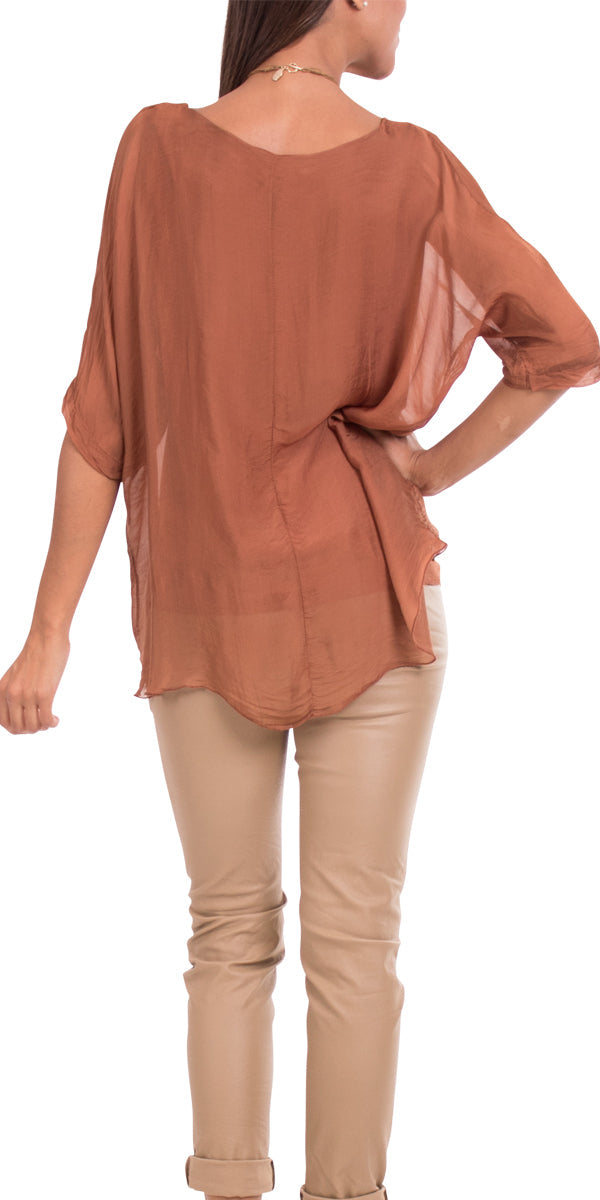 Washable Silk Top w/ Frayed Hem/Rust