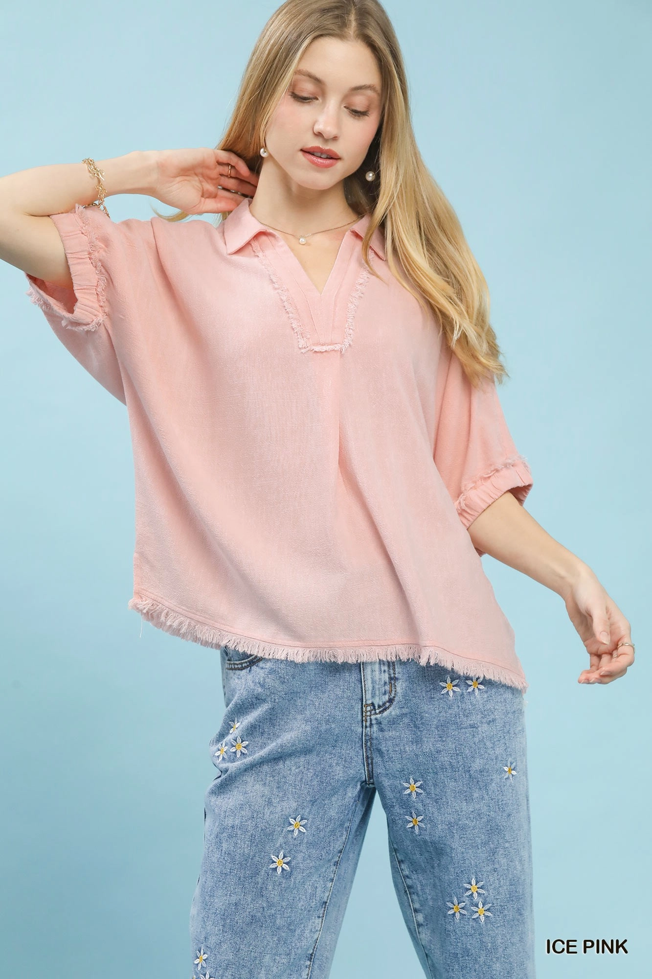 Ice Pink Frayed Edge Linen Top