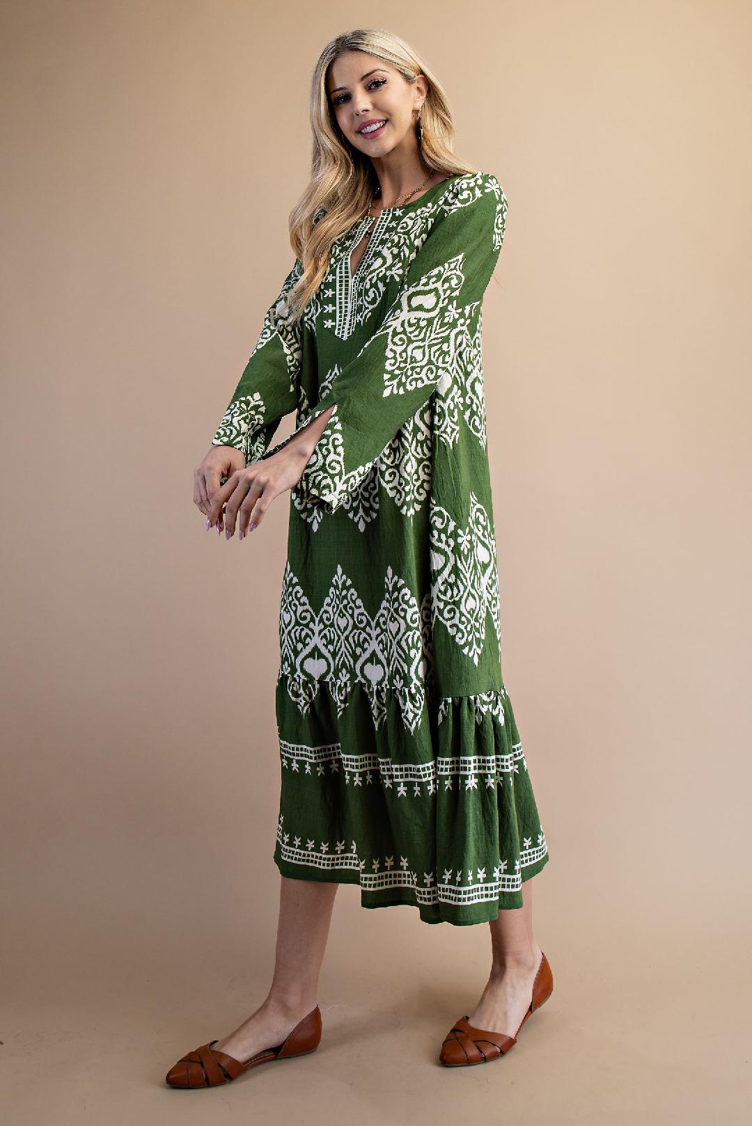 Olive Green & White Long Sleeve Midi Dress
