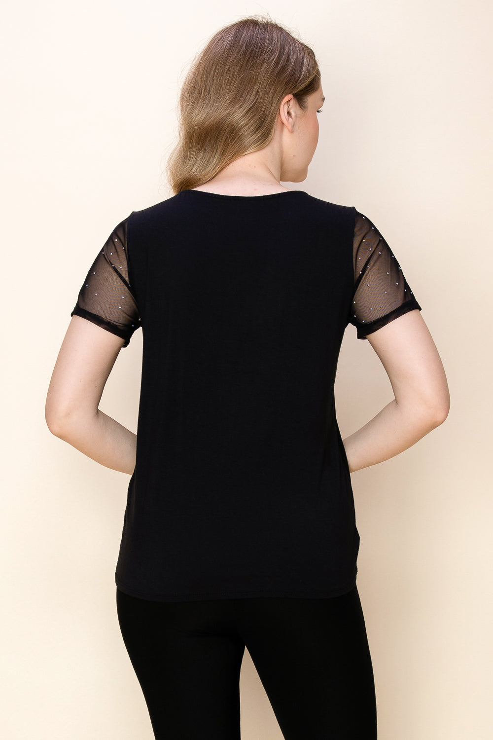 Embellished Black Short Sleeve Top w/ Mesh Sleeves