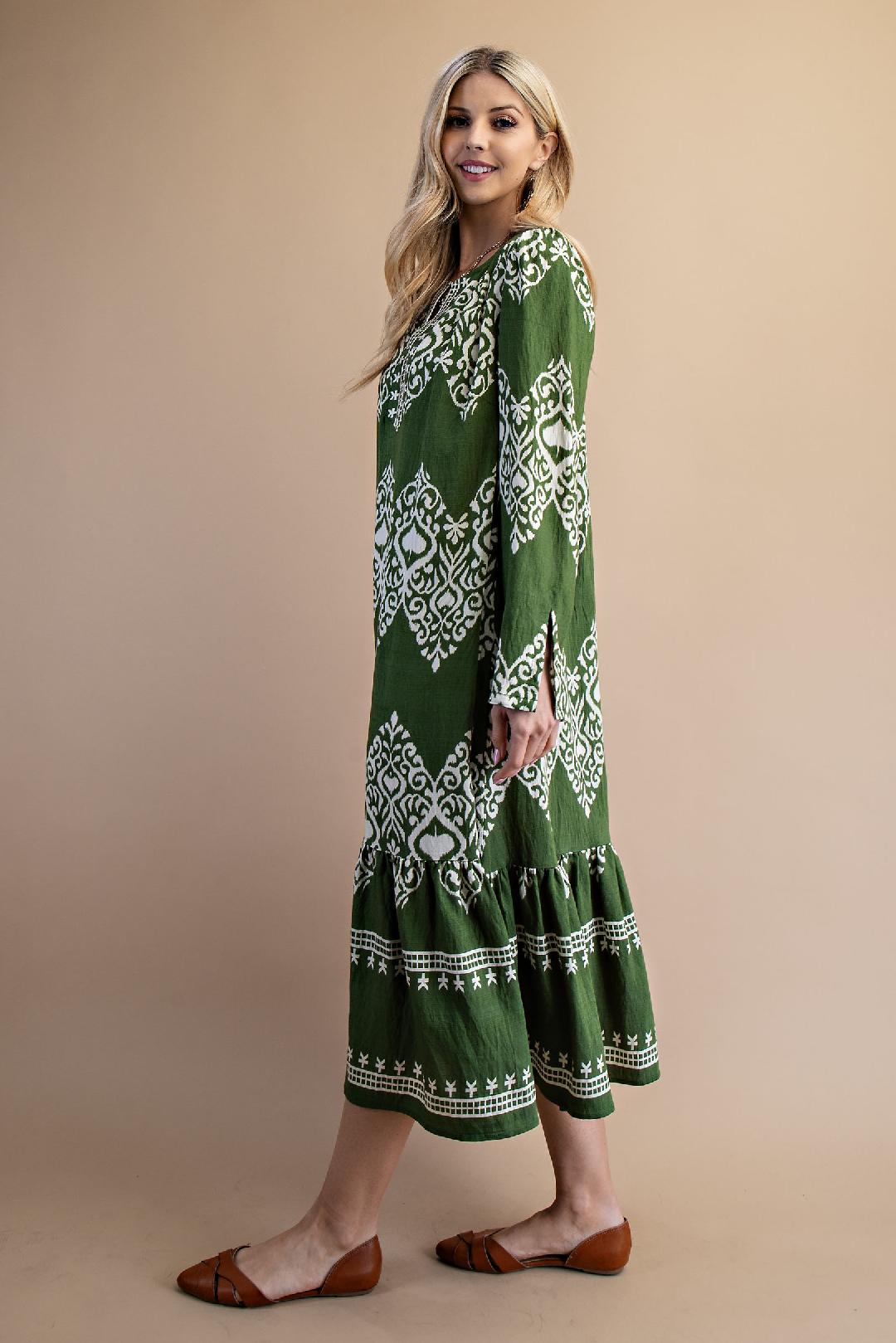 Olive Green & White Long Sleeve Midi Dress