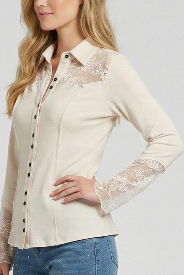 Ivory Lace Yoke Button-Down Blouse
