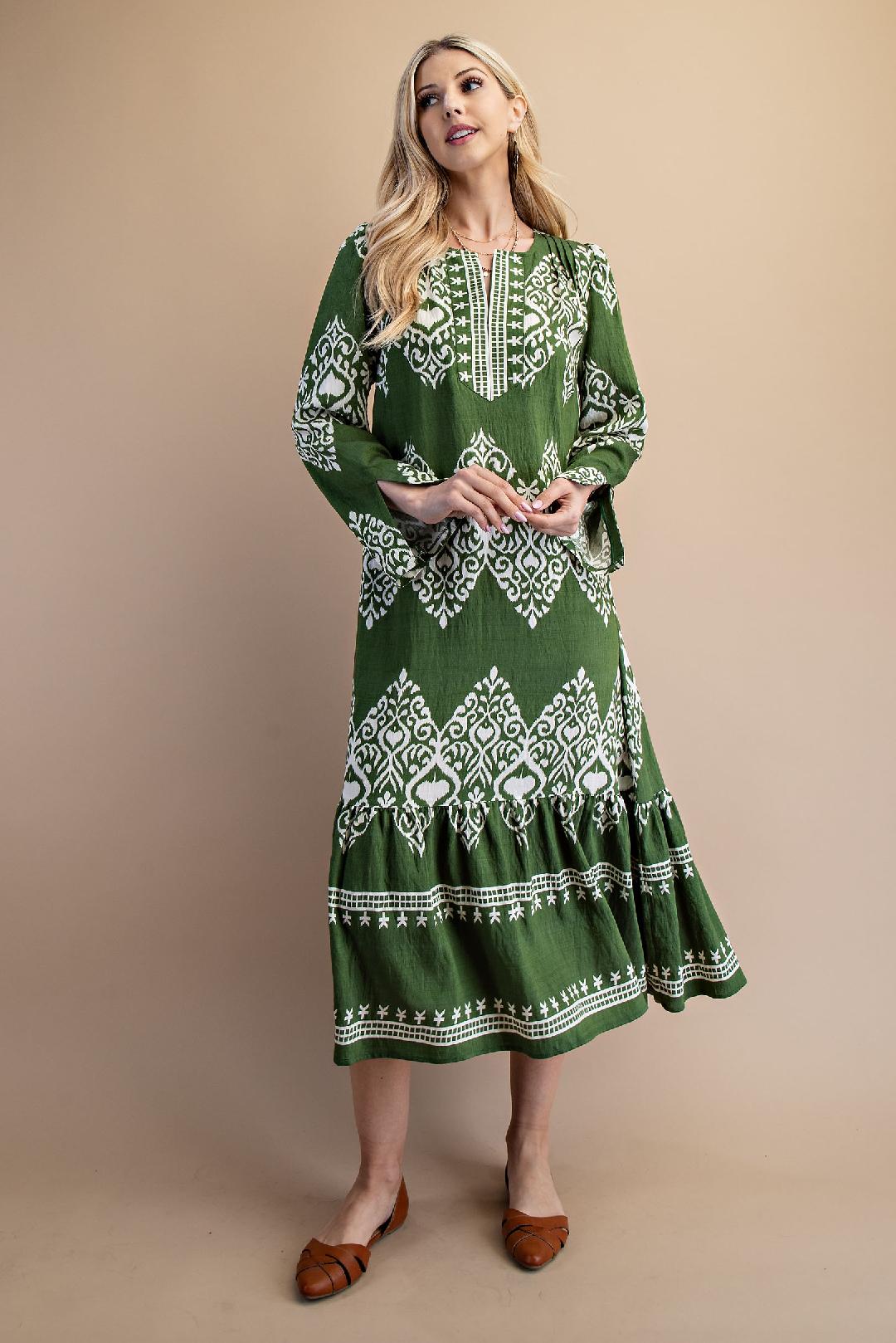 Olive Green & White Long Sleeve Midi Dress
