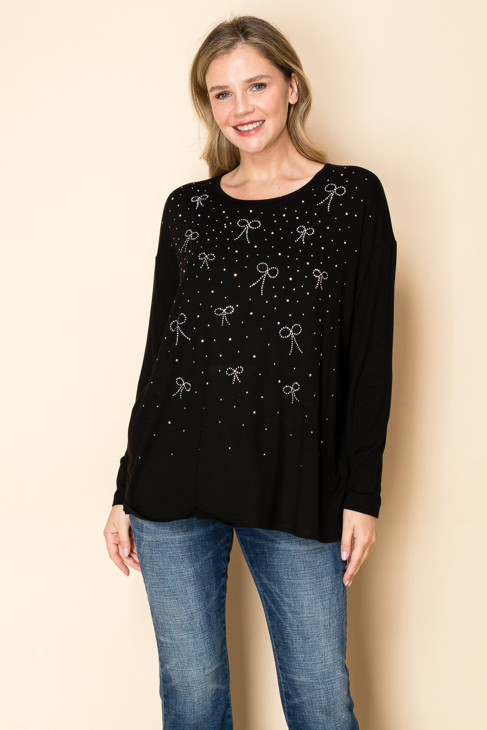 Black Knit Top w/ Rhinestone Bow Details