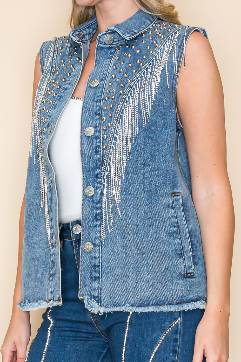 Studded Rhinestone Fringe Denim Vest