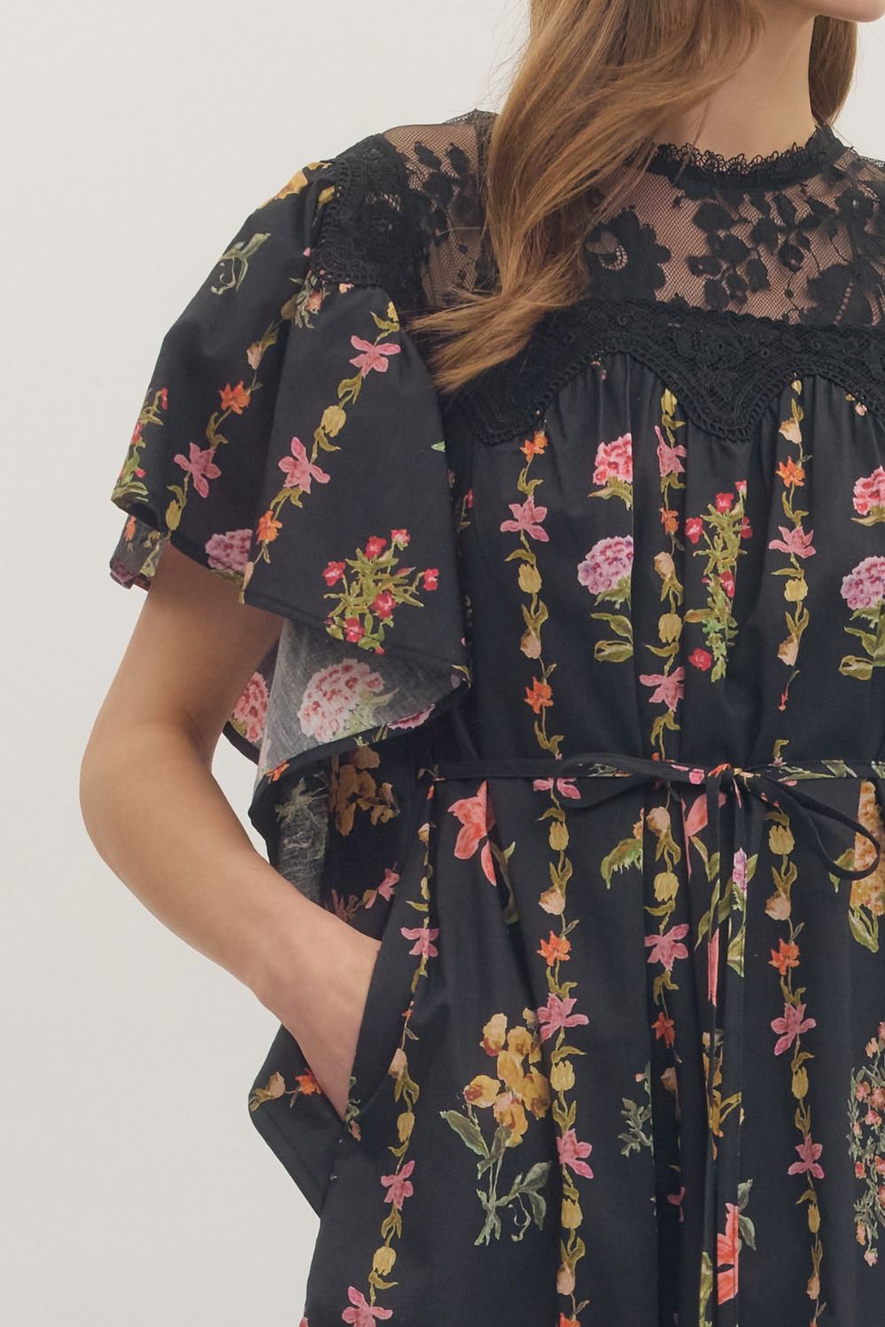 Black Floral Lace Yoke Flutter Sleeve Mini Dress