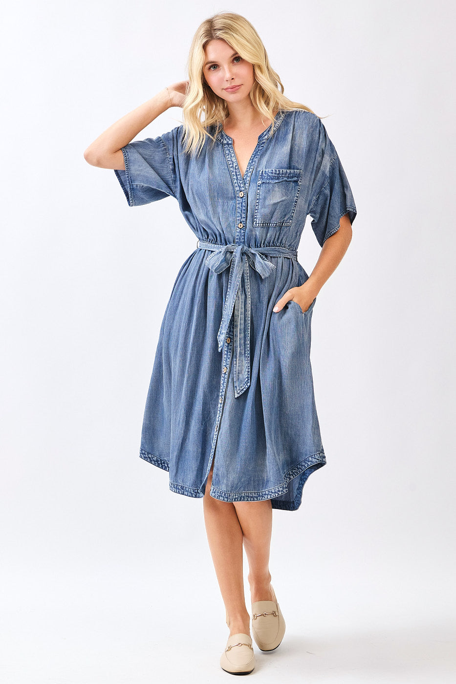 Washed Chambray Waist Tie Midi Shirt Dress