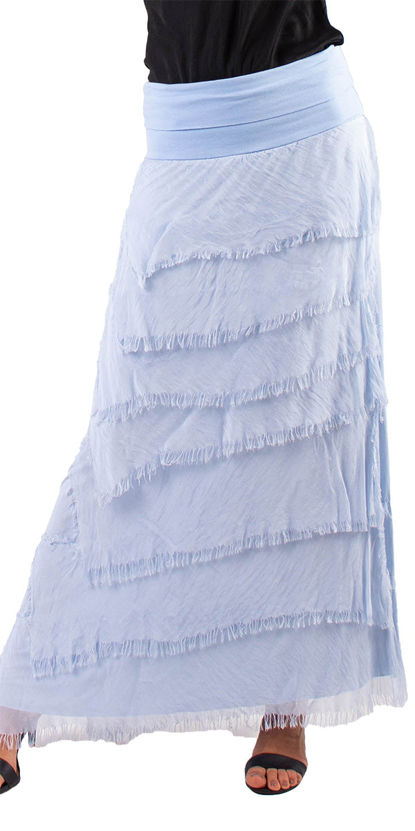 Italian-Made Denim Blue Ruffled Silk Maxi Skirt