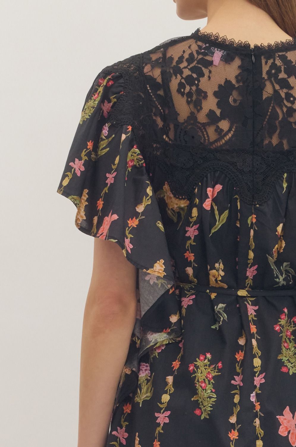 Black Floral Lace Yoke Flutter Sleeve Mini Dress