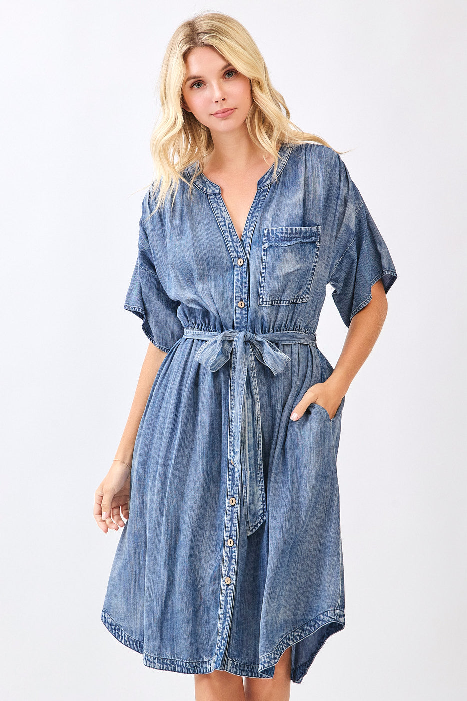 Washed Chambray Waist Tie Midi Shirt Dress