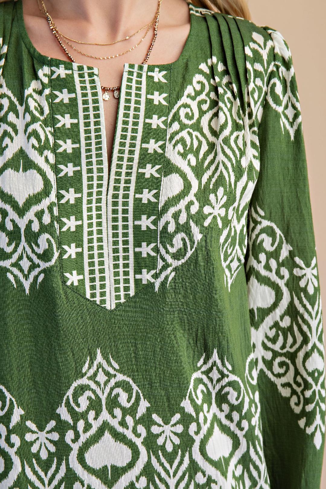 Olive Green & White Long Sleeve Midi Dress