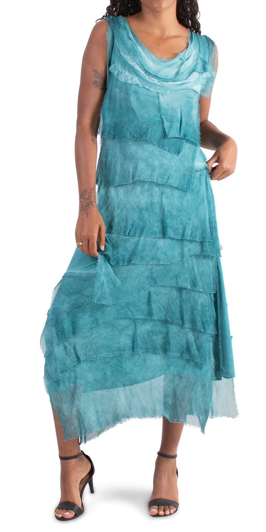 Washable Silk Sleeveless Ankle Length Ruffle Dress