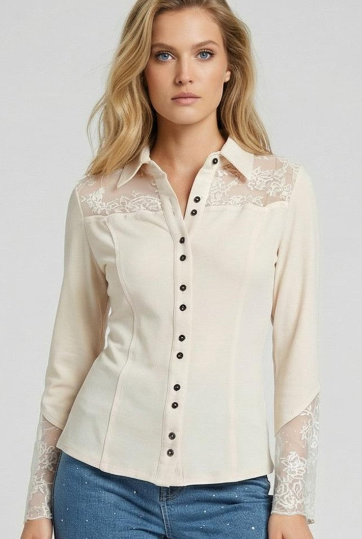 Ivory Lace Yoke Button-Down Blouse