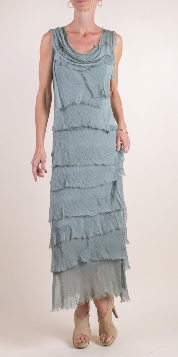 Washable Silk Sleeveless Ankle Length Ruffle Dress