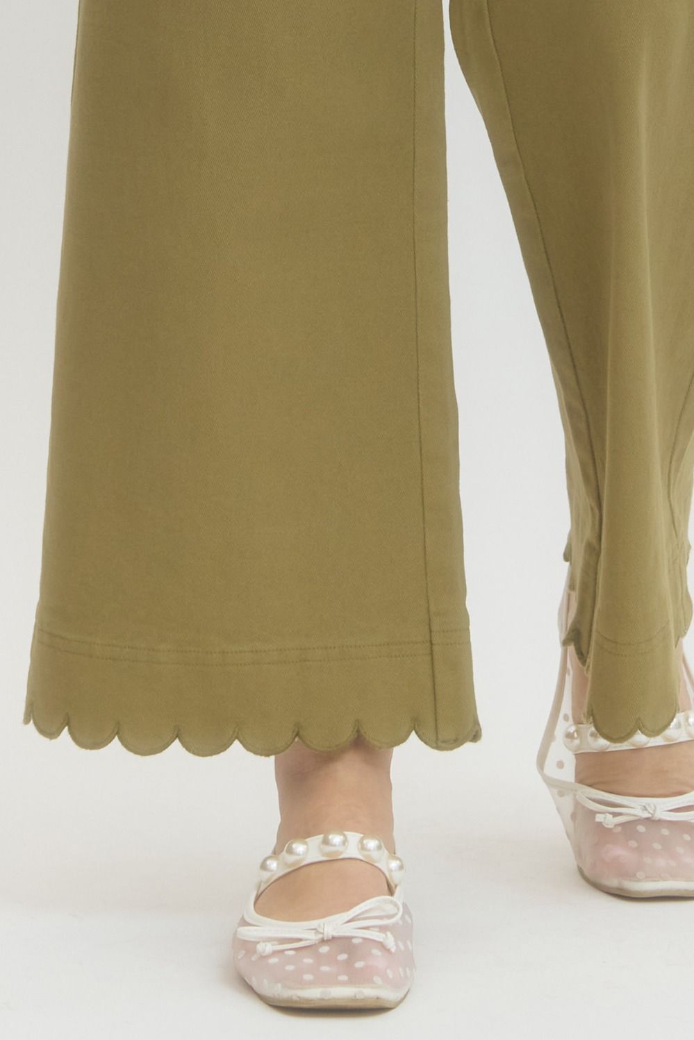 Light Olive Scallop Trim Wide Leg Pants
