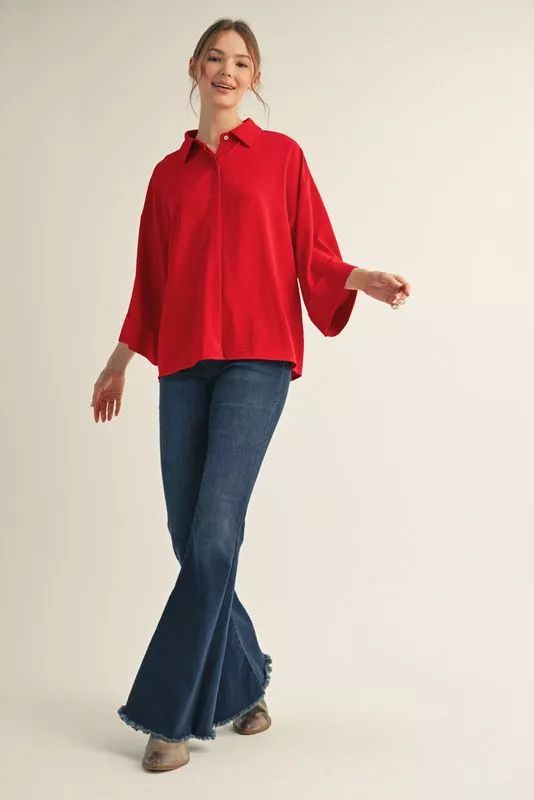 Solid Red 3/4 Sleeve Button Down Top