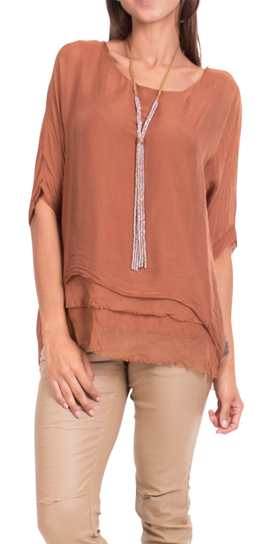 Washable Silk Top w/ Frayed Hem/Rust